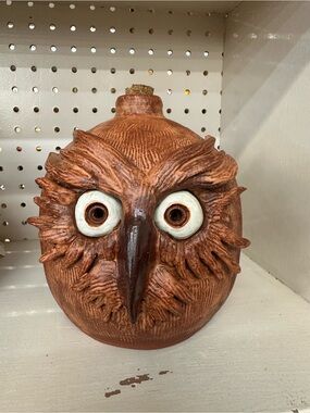 Handmade Owl Face Jug Folk Art Pottery